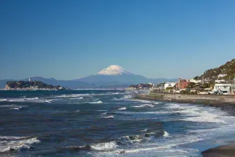 Mount Fuji from Enoshima beach in Kamakura seaside, close to Tokyo
