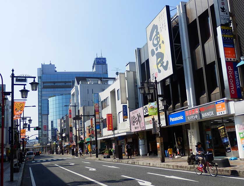 Downtown Hanno city with Hanno Station in the background, Saitama Prefecture, Kanto, Japan.