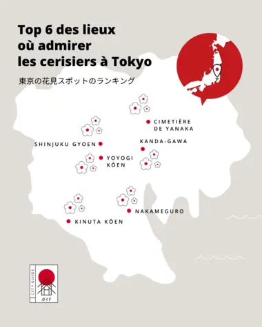 Carte du Top 6 des lieux où admirer les Sakura à Tokyo