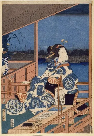 "Vue nocturne à Tsukuda, femme au balcon" par Hiroshige
