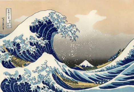 La célebre Gran Ola de Kanagawa de Hokusai Katsushika, de la colección de las 36 vistas del Monts Fuji, refleja perfectamente el ukiyo-e, o image del mundo efímero y flotante