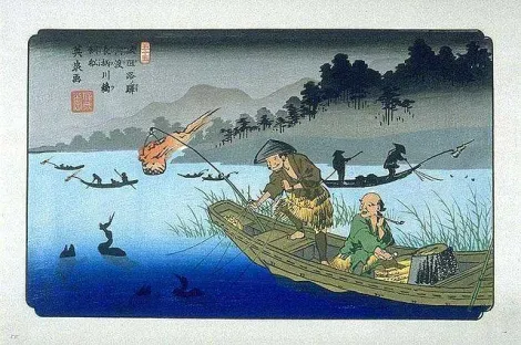 Grabado de Keisai Eisen que muestra la pesca con cormoranes.
