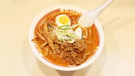The typical recipe Sapporo miso ramen of in which the broth is accented with fermented soybean paste.