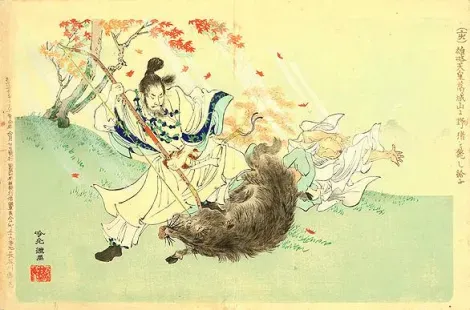 L'empereur Yûryaku, fondateur du sanctuaire Gekû d'Ise, terrassant un sanglier.