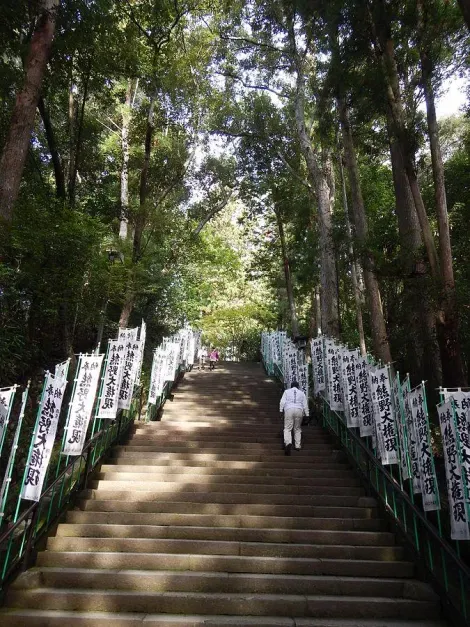 Un escalier escarpé mène au sanctuaire de Hongu, le plus important de Kumano.