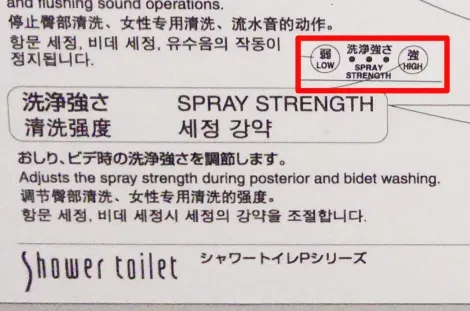 El botón de "Spray Strength" de un baño japonés.