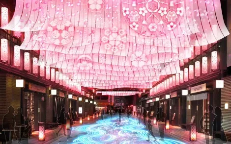 Spectacles avec projection, son et lumière sur le thème des cerisiers en fleurs à la sakura nihonbashi gate