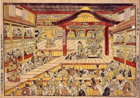 Théâtre Kabuki (1743). Estampe de Okumura Masanobu