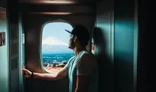 Un voyageur dans un Shinkansen regarde le Mont Fuji