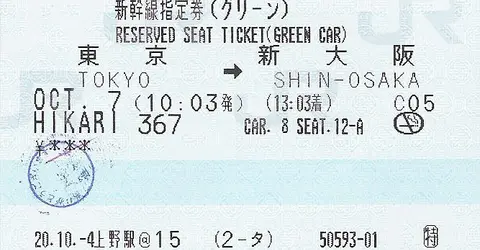Shinkansen ticket from Tokyo Station to Shin-Osaka Station Shinkansen ticket from Tokyo Station to Shin-Osaka Station