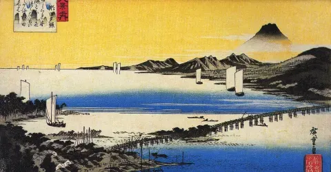 Vue nocturne de Seta in "8 vues d'Omi" (vue n°7) de Hiroshige (ca 1829–1830)